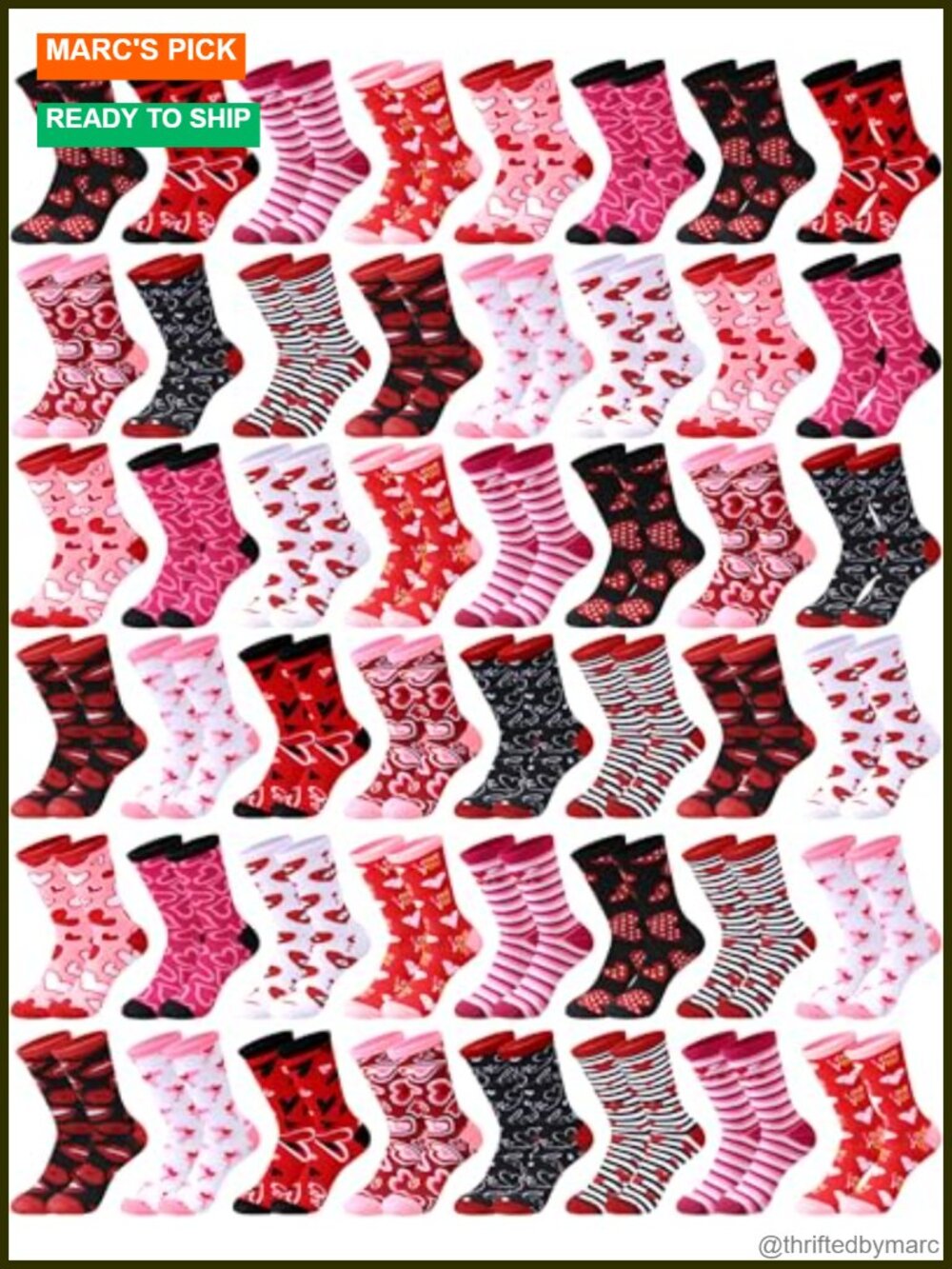 48 Pairs Valentine's Day Crew Socks Nylon Spandex Women's Novelty Pink Heart